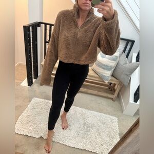 HYFVE Fuzzy Cropped Teddy Jacket Tan Brown Faux Fur Quarter-Zip pullover fall M